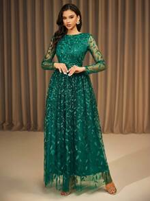 Robe de soirée formelle avec paillettes à la taille, manches longues, verte. Robe de soirée élégante pour invité de mariage, remise des diplômes, dîner, fête - Vert - Voir 3
