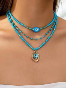 Bộ 3 vòng cổ hạt ngọc lam xanh Bohemian, vòng cổ hạt thủy tinh mắt quỷ, bộ vòng cổ nhiều lớp cho phụ nữ, trang sức ngọc lam xanh, vòng cổ xếp chồng (làm thủ công, có một số thay đổi về màu sắc và hình dạng) - Màu xanh lam - Xem 1