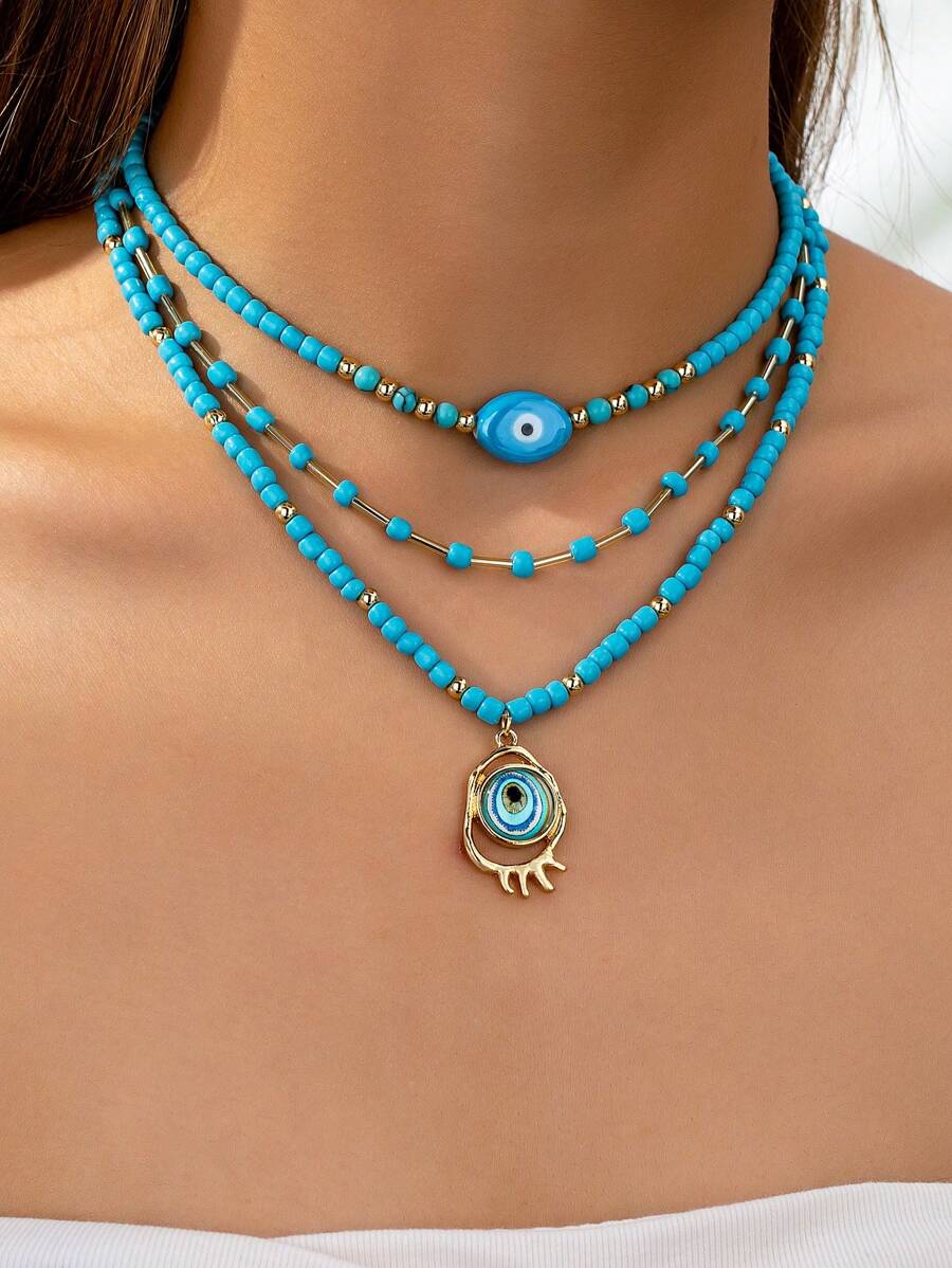 Bộ 3 vòng cổ hạt ngọc lam xanh Bohemian, vòng cổ hạt thủy tinh mắt quỷ, bộ vòng cổ nhiều lớp cho phụ nữ, trang sức ngọc lam xanh, vòng cổ xếp chồng (làm thủ công, có một số thay đổi về màu sắc và hình dạng) - Màu xanh lam - Xem 1