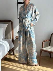 2 件套女士优雅法式印花长袖系带衬衫和宽松高腰阔腿裤休闲简约套装 - 彩色 - 查看 5