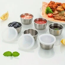 2/4/6pcs 304 Gold And Silver Stainless Steel Thickened Dipping Saucer With Lid For Sauces, Cheese And Tomato Dipping Sauces, Separating Dipping Saucers, Seasoning Dishes, Small Size And Easy To Clean, Room Utensils, Suitable For Barbecue, Hot Pot, Travel, Picnic,School Supplies - Silver - View 5