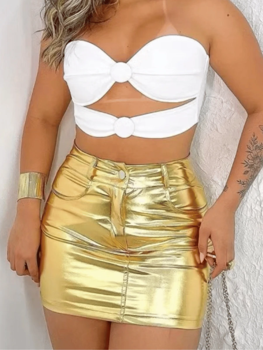 WOMEN'S SHORT METALLIC VINYL SILVER SKIRT WITH BUTTON AND POCKET - Vàng - Xem 1
