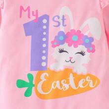 Set de 3 piezas para bebé niña: body de manga larga con estampado de letras de conejito de Pascua, pantalones acampanados y diadema