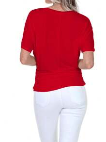 OUTBALL Women's Casual V Neck Solid Short Sleeve Boat Neck Dolman Top T Shirt With Side Shirring