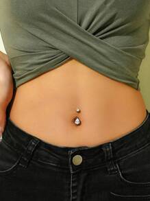 1 件不锈钢心形锆石流苏肚脐环，6 爪铜镶嵌锆石闪亮穿孔首饰，适合女士 - 銀色 - 查看 2