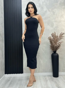 Women's Ribbed Strap Dress - màu đen - Xem 1