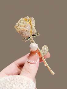 1 件复古优雅花卉和梅花形金色合金水钻胸针，时尚女士服装配饰 - 彩色 - 查看 4