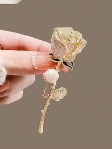 1 件复古优雅花卉和梅花形金色合金水钻胸针，时尚女士服装配饰 - 彩色 - 查看 6