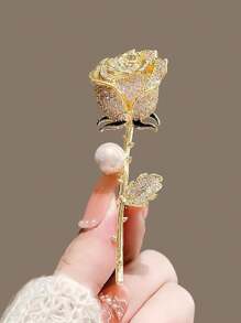 1 件复古优雅花卉和梅花形金色合金水钻胸针，时尚女士服装配饰 - 彩色 - 查看 5