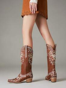 Cowgirl Western Women Embroidered Boots Flower Design Square Toe High Heel Mid Calf Shoes Luxury Retro Ridding Winter Boots