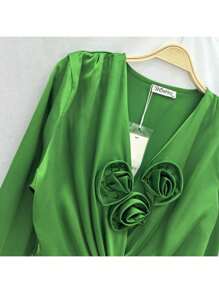 Women's Flared Sleeve Crop Tops, Autumn White Long Sleeve Shirts, American Style, Waist-Hugging - 綠色 - 查看 3