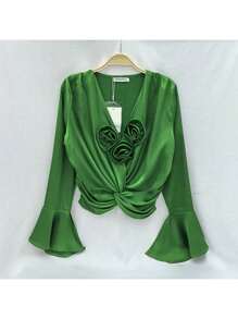 Women's Flared Sleeve Crop Tops, Autumn White Long Sleeve Shirts, American Style, Waist-Hugging - 綠色 - 查看 2