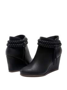 Women's High Wedge Ankle Boots Fashion Bootie With Braided Straps Tassels Warmth And Comfort Short Booties Great For Commuting, Dates, Holidays, And Everyday Wear - 黑PU - 查看 6