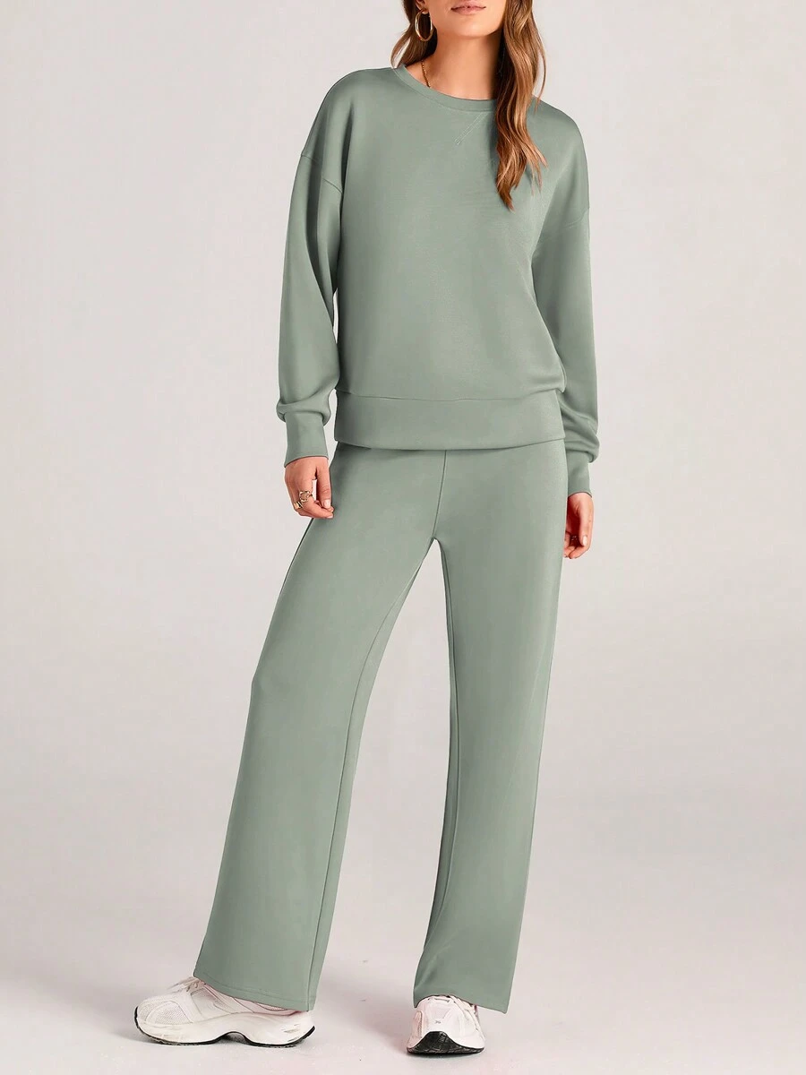 Women's Two Piece Outfits Fall Long Sleeve Pullover Tops And Long Pants Lounge Sets Tracksuit - 淺綠色 - 查看 1