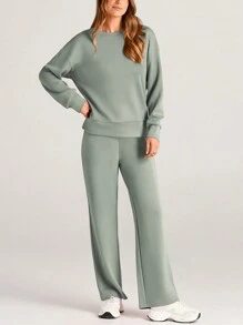 Women's Two Piece Outfits Fall Long Sleeve Pullover Tops And Long Pants Lounge Sets Tracksuit - 淺綠色 - 查看 3