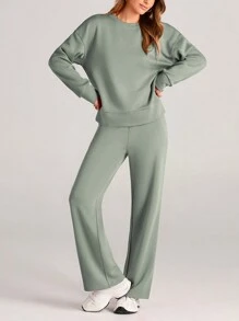 Women's Two Piece Outfits Fall Long Sleeve Pullover Tops And Long Pants Lounge Sets Tracksuit - 淺綠色 - 查看 2