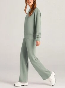 Women's Two Piece Outfits Fall Long Sleeve Pullover Tops And Long Pants Lounge Sets Tracksuit - 淺綠色 - 查看 4