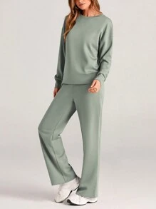 Women's Two Piece Outfits Fall Long Sleeve Pullover Tops And Long Pants Lounge Sets Tracksuit - 淺綠色 - 查看 5