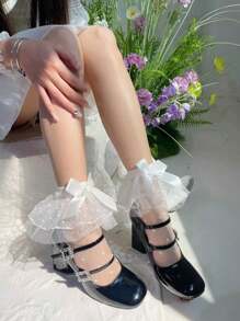 1 双女士洛丽塔风格白色中筒袜（带黑色蝴蝶结） - 白色 - 查看 11