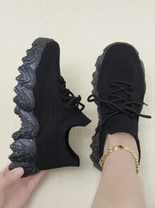 女士户外新款时尚百搭舒适柔软透气防滑耐用纯色低帮运动跑步休闲鞋透气袜式运动鞋带鞋带 - 黑色 - 查看 6