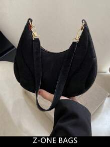 HELLO WEEKEND 1 件防皱天鹅绒月亮新月形单肩斜挎包，适合日常佩戴 - 黑色 - 查看 1