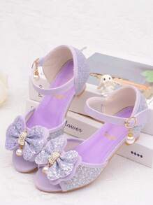 Children Princess High Heel Sandals Bowknot Sandals Purple Dress Shoes Glitter Girls Shoes