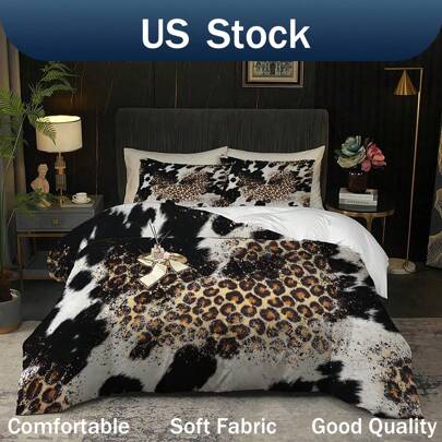 3pcs Cowhide Bedding Set, Comforter Cover Novelty Cow Cheetah Spot Wild Animal Skin Pattern Printing Bed Set Western Animals Bedroom Decor (1*Comforter Cover + 2*Pillowcase, Without Core)