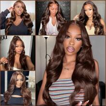 PAZAT 34 英寸巧克力棕色 13x4 波浪蕾丝前假发 一半真人头发，一半蛋白质头发 预拔 200% 密度高清全蕾丝前假发 带婴儿头发 彩色假发 女士短发波波头假发（6 英寸） - Dark Brown - 查看 5