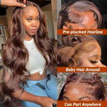 PAZAT 34 英寸巧克力棕色 13x4 波浪蕾丝前假发 一半真人头发，一半蛋白质头发 预拔 200% 密度高清全蕾丝前假发 带婴儿头发 彩色假发 女士短发波波头假发（6 英寸） - Dark Brown - 查看 3