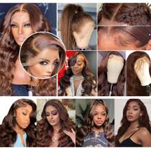 PAZAT 34 英寸巧克力棕色 13x4 波浪蕾丝前假发 一半真人头发，一半蛋白质头发 预拔 200% 密度高清全蕾丝前假发 带婴儿头发 彩色假发 女士短发波波头假发（6 英寸） - Dark Brown - 查看 7