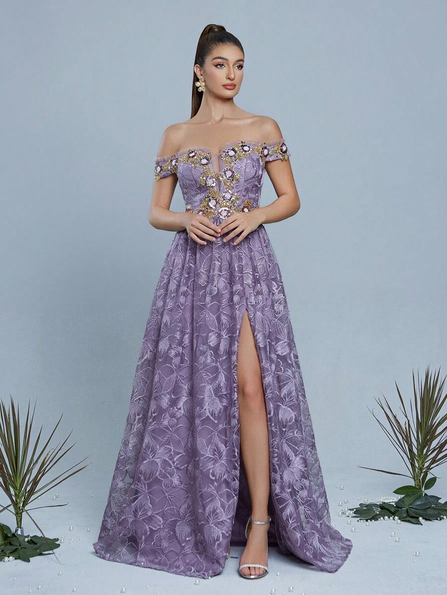 露肩刺绣蕾丝串珠蕾丝开衩高端晚礼服、派对礼服、婚礼宾客礼服、正式礼服