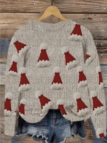 Besatzausschnitt eleganter, lässiger Weihnachtsmützen-Muster Digital-Muster leichter Pullover mit Gesamtdruck, geeignet für Herbst/Winter
