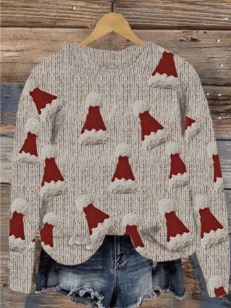 Crew Neck Elegant Casual Christmas Hat Pattern Digital Print Lightweight Pullover Sweater With Full Body Print, Suitable For Autumn/Winter