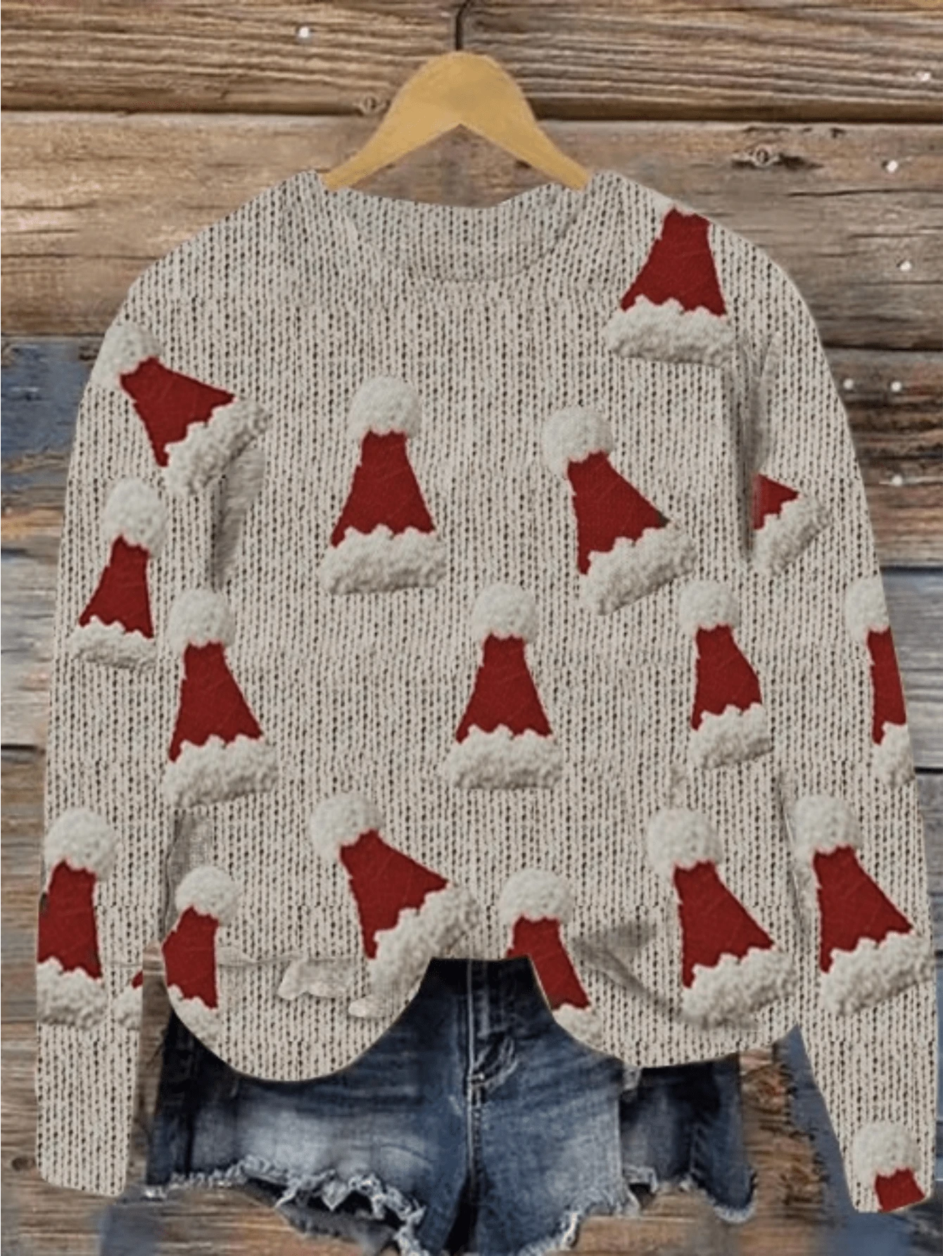 Besatzausschnitt eleganter, lässiger Weihnachtsmützen-Muster Digital-Muster leichter Pullover mit Gesamtdruck, geeignet für Herbst/Winter