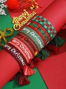 6styles Merry Christmas Letter Embroideried Woven Tassel Wristband Bracelet Suitable For Kids Girls Family Friends Christmas Gift - Multicolor - View 1