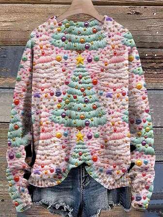 Women's Casual Christmas Tree Print Sweater, Long Sleeve Round Neck Thin Pullover, Christmas New Arrivals Autumn/Winter, Green & Pink