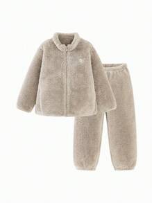 mini bala 男童女童双面绒保暖家居服睡衣宝宝加厚睡衣冬季系列 - 咖色調 - 查看 4