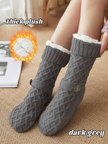 1 đôi tất chống trượt mềm mại dày dặn, tất cổ cao màu trơn thường ngày đi trong nhà, ấm áp và thoải mái cho mùa đông và khi ngủ - Đỏ - Xem 10