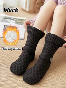 1 đôi tất chống trượt mềm mại dày dặn, tất cổ cao màu trơn thường ngày đi trong nhà, ấm áp và thoải mái cho mùa đông và khi ngủ - Đỏ - Xem 8