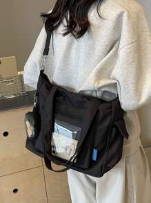 2024 新款韩版学院风多口袋书包大容量男女通用手提包带零钱包透明口袋设计百搭休闲斜挎包中号帆布包透明 PVC 口袋缓解疼痛包书包，返校包便携大容量适合少女、女大学生，非常适合返校、大学、初中、高中、街头和日式风格女士包包，时尚拉链手提包 - 黑色 - 查看 5