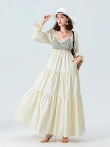 Women Long Dress Fashion Print Sweetheart Neckline Long Sleeve Dress Fashion Spring Fall Casual Dress - 白色 - 查看 2