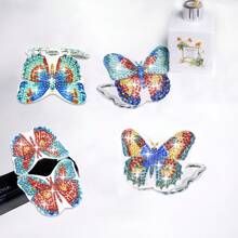 4 件/套蝴蝶钻石画镜子紧凑型套件，DIY 水晶水钻钻石艺术口袋镜 PU 皮革双面紧凑型折叠镜，适合女士和家人的动物主题工艺礼物 - 彩色 - 查看 6