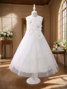 Girls Handcraft Ruched Sleeveless Mesh Elegant Recital Dress - White - View 2