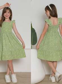 Children's Floral Dress - Màu xanh Ô liu - Xem 3