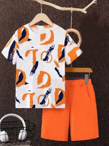 2pcs Tween Boy Casual Colorful Letter Printed Comfortable Versatile Short Sleeve T-Shirt & Shorts Set, Fashionable Lightweight & Comfy Summer Outfit!