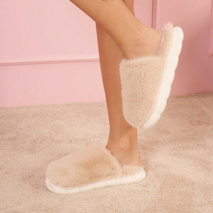 Cute Solid Color Plush House Slippers, Winter - Beige - View 1