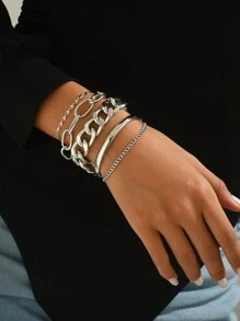 4 件/套金手链套装，简约粗金链手链，朋克链式手链套装，黄金首饰套装，适合日常、派对、节日、送给她的礼物 - 銀色 - 查看 3