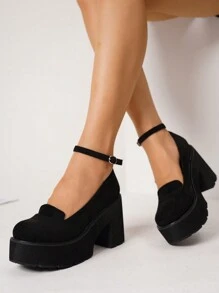 女士舒适防滑休闲黑色坡跟厚底乐福鞋，四季皆宜，玛丽珍鞋款 - 黑色 - 查看 5