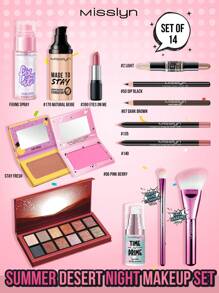 Misslyn 夏日沙漠之夜彩妆套装，皮肤底霜+粉底+唇线笔+高光和轮廓棒+眉线笔+眼线笔+热带棕褐色+腮红+眼影+眼影刷+轮廓刷+定妆喷雾+口红，持久配方，奶油质地，高遮瑕力，哑光和自然红晕，色素沉着 - Skin Primer+170+140+ 135+02+7+50+35+6+4+Eyeshadow and Contour brush+Spray+390 - 查看 1