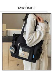 2024 新款韩版学院风多口袋书包大容量男女通用手提包带零钱包透明口袋设计百搭休闲斜挎包中号帆布包透明 PVC 口袋缓解疼痛包书包，返校包便携大容量适合少女、女大学生，非常适合返校、大学、初中、高中、街头和日式风格女士包包，时尚拉链手提包 - 黑色 - 查看 2